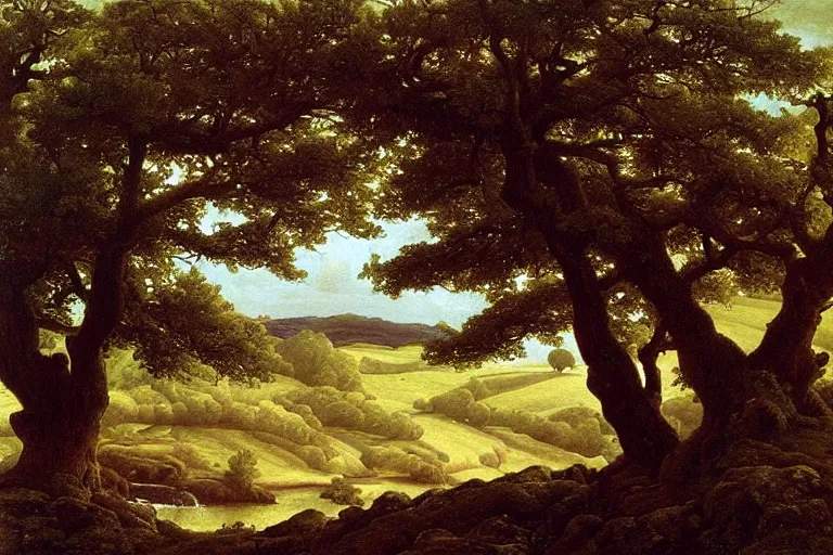 Image similar to masterpiece painting of oak trees on a hillside overlooking a creek, dramatic lighting, by william dyce