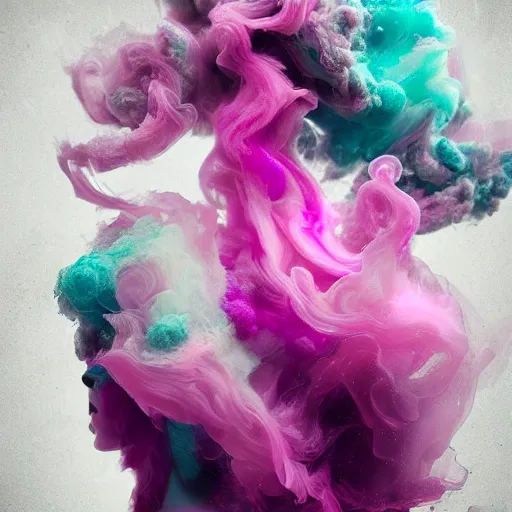 Prompt: beautiful women made out of gray, pink, and purple colored smoke swirling by alberto seveso, colorful, vibrant