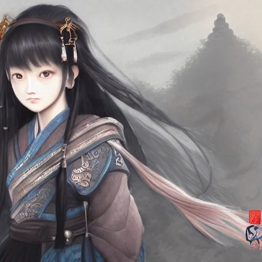 Image similar to ultra-detailed, amazing details, grayish palette, Three Kingdoms vibes and Tao vibes, HD semirealistic anime CG concept art digital painting of a Japanese schoolgirl, by a Chinese artist at ArtStation, by Huang Guangjian, Fenghua Zhong, Ruan Jia, Xin Jin and Wei Chang. Realistic artwork of a Chinese videogame, gentle an harmonic colors.