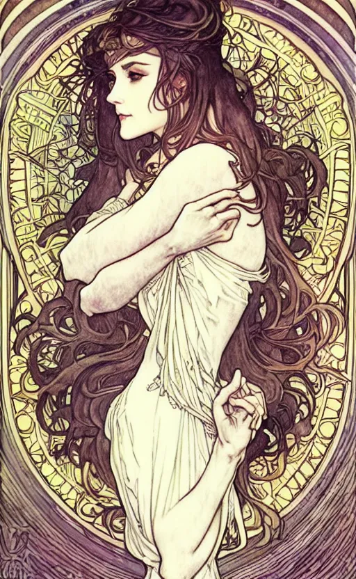 Image similar to in the style of artgerm, arthur rackham, alphonse mucha, evan rachel wood, symmetrical eyes, symmetrical face, flowing white dress, hair blowing, full body, intricate filagree, warm colors, cool offset colors