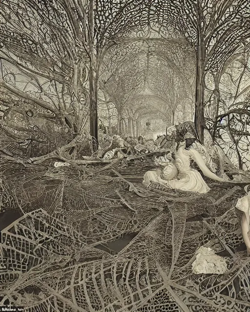 Prompt: a massive explosion, made of intricate decorative lace leaf skeleton, in the style of the dutch masters and gregory crewdson, dark and moody