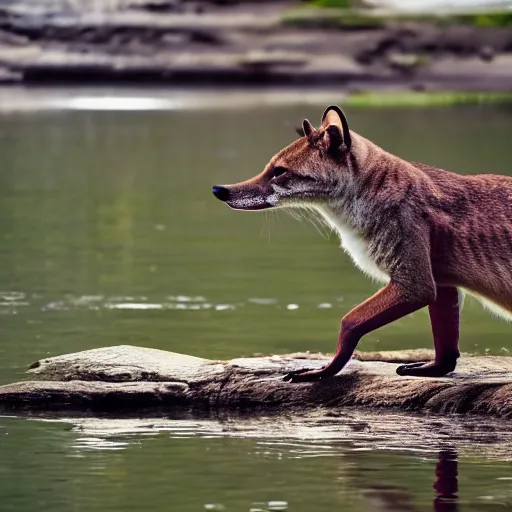 Image similar to close up photo of a rare thylacine, drinking water from a lake in tasmania, bokeh, 1 0 0 mm lens, 4 k. 8 k hd. award winning nature photography. cover of national geographic