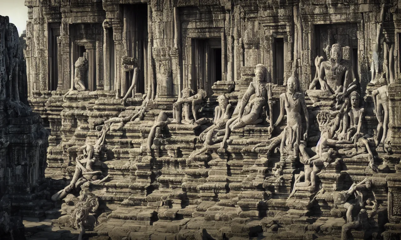 Prompt: by nadezda and david stoupakis, visually stunning, cinematic, ultra realistic, hyper realism, 1 2 k, epic, octane render, unreal engine, vfx, maya, xenomorph - temple angkor wat