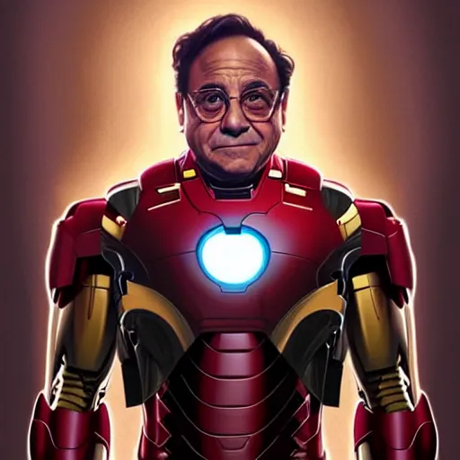 Image similar to handsome Danny DeVito in an Iron Man suit, western, D&D, fantasy, intricate, elegant, highly detailed, digital painting, artstation, concept art, matte, sharp focus, illustration, art by Artgerm and Greg Rutkowski and Alphonse Mucha