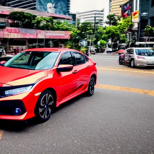 Prompt: a closeup of a honda civic 2017 hatchback in the streets of South Jakarta