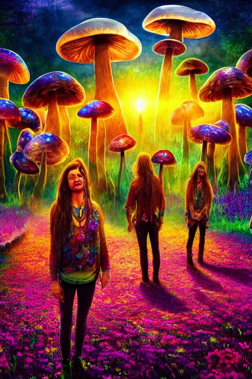 Image similar to hyperrealistic portrait of melting hippies - epic cinematic mushrooms with psychedelic field of flowers, highly detailed smooth digital art masterpiece, pablo amaringo dramatic low light, ground angle uhd 8 k, sharp focus