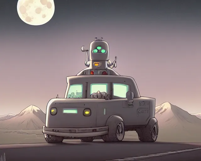 Prompt: a cell shaded cartoon grey santa robot, with a big head, on a desert road, wide shot, in front of a big moon, muted colors, post grunge, josan gonzales, wlop, by james jean, victor ngai, hq, deviantart, art by artgem