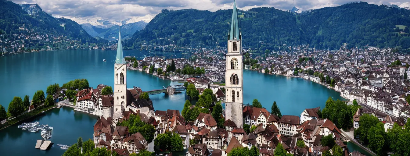 Image similar to Photo of Zurich, in the Alps, Limmat at the lake, Hardturm, Grossmünster, wide angle, volumetric light, hyperdetailed, light blue water, artstation, cgsociety, 8k