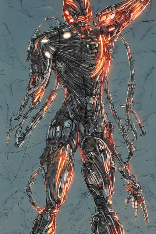 Image similar to cyborg warrior in nanosuit with powerful biological muscle augmentation, at dusk, a color illustration by tsutomu nihei and tetsuo hara