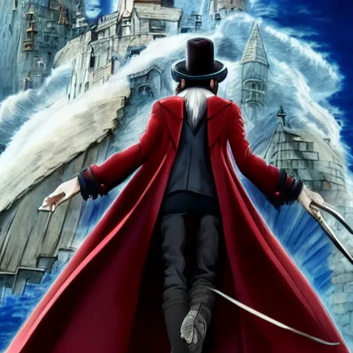 Prompt: a shot of dante from devil may cry in howl's moving castle movie, movie shot, anime, hightly detailed, rescalated 4 k, detailed