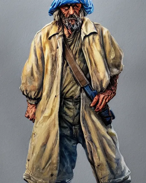 Prompt: a oil / watercolor painting full body character portrait of an old homeless soldier fighting to defend his family in the style of moebius in the style of leonard boyarsky trending on artstation deviantart pinterest detailed photorealistic highlights and shadow hd 8 k post - processing high resolution