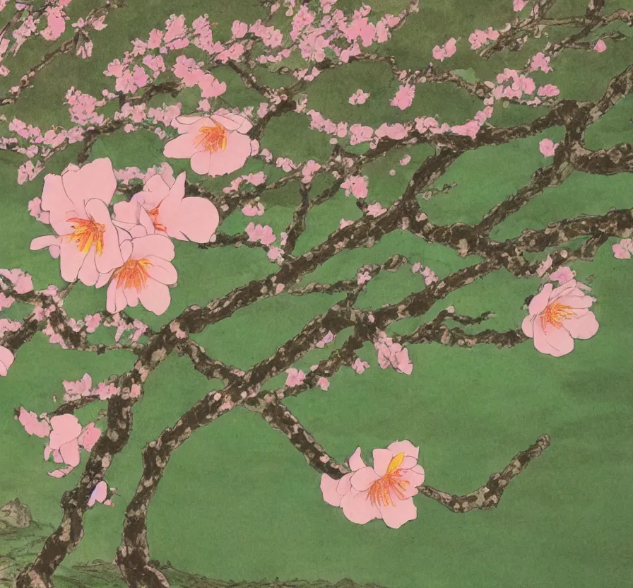 Image similar to a peach blossom in the mountains, studio ghibli style