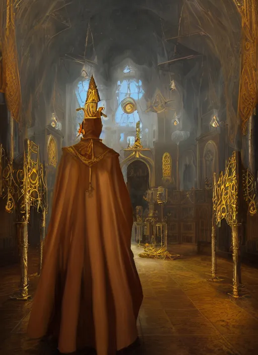 Image similar to surrealistic portrait of anthropomorphic caracal in golden priest clothes wearing vr in orthodox church, bokeh, foggy, dynamic lighting, darkness, ambients, dramatic, foggy, heavy bokeh and blur, cinematic, depth of field, art by bussiere rutkowski andreas rocha