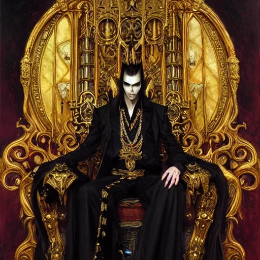 Prompt: perfectly centered portrait of attractive vampire king in gold gothic robe sitting on a throne of black bones, highly detailed painting by gaston bussiere, craig mullins, j. c. leyendecker, 8 k
