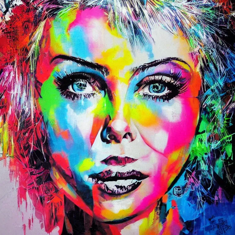 Prompt: Street-art portrait of Charlize Theron in style of Eduardo Kobra, photorealism