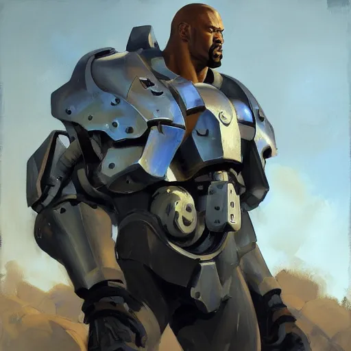 Image similar to greg manchess portrait painting of fully armored bionic augmented the foundation aka dwayne the rock as overwatch character, medium shot, asymmetrical, profile picture, organic painting, sunny day, matte painting, bold shapes, hard edges, street art, trending on artstation, by huang guangjian, gil elvgren, ruan jia, greg rutkowski, gaston bussiere