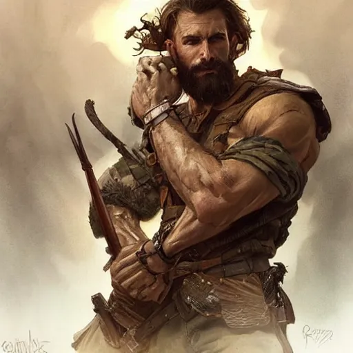 Image similar to portrait of a rugged ranger, muscular, upper body, D&D, fantasy, intricate, elegant, highly detailed, digital painting, artstation, concept art, smooth, sharp focus, illustration, art by artgerm and greg rutkowski and alphonse mucha