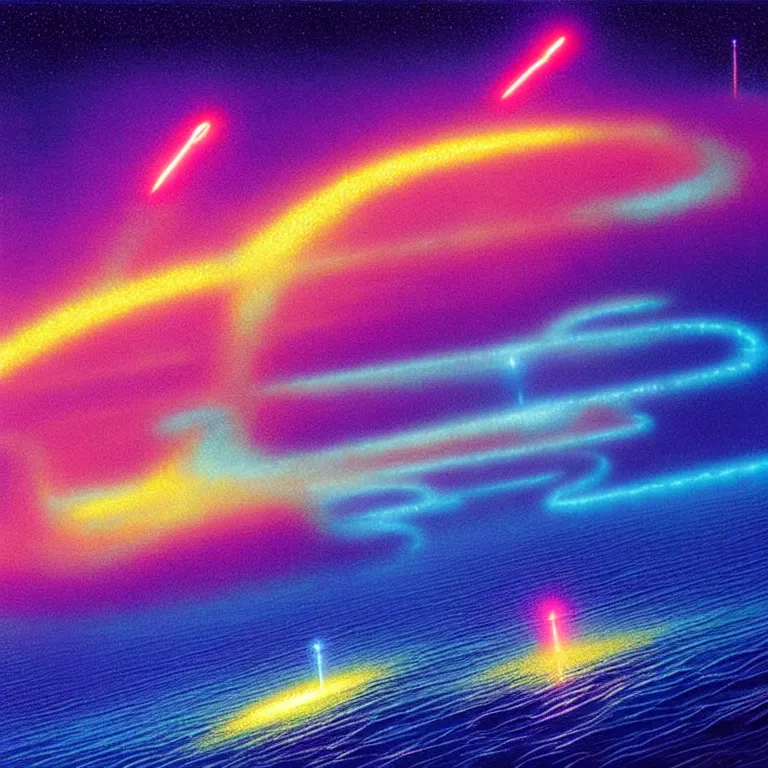 Prompt: mysterious glowing rockets over infinite rough sea, ( ( ( synthwave ) ) ), ( ( fractal waves ) ), bright neon colors, highly detailed, cinematic, tim white, michael whelan, caza, bob eggleton, philippe druillet, vladimir kush, kubrick, alfred kelsner