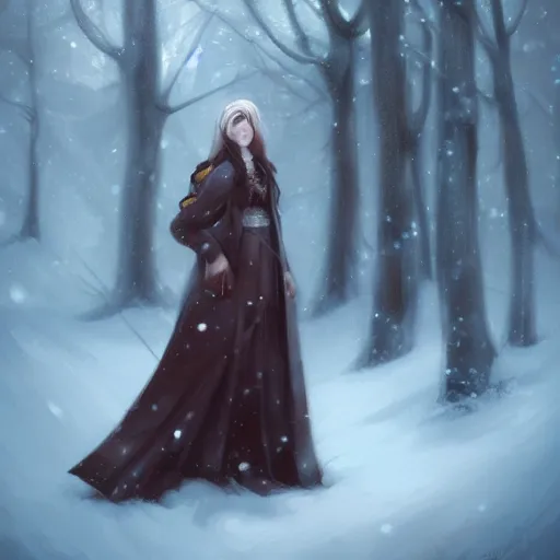 Image similar to a painting of a woman in a snowy forest, a digital painting by Charlie Bowater, featured on cgsociety, fantasy art, detailed painting, artstation hd, ilya kuvshinov