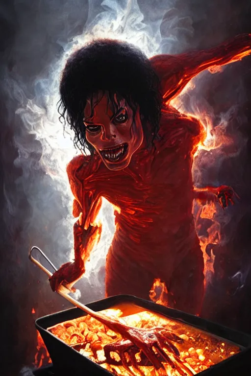 Image similar to michael jackson cooking a bbq as a demon in hell, anatomy, bathed in light, highly detailed, photorealistic, artstation, smooth, sharp focus, illustration, unreal engine 5, 8 k, art by artgerm and greg rutkowski and edgar maxence