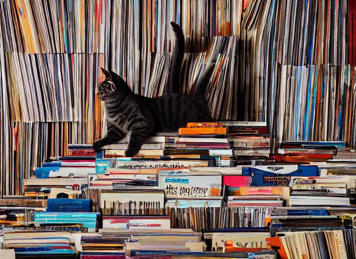 Image similar to photography of a Cat sitting on a pile of books and vinyls. a record player is in the shot. in a room full of vinyls and posters out of the 70's, photorealistic, raining award winning photo, 100mm, sharp, high res