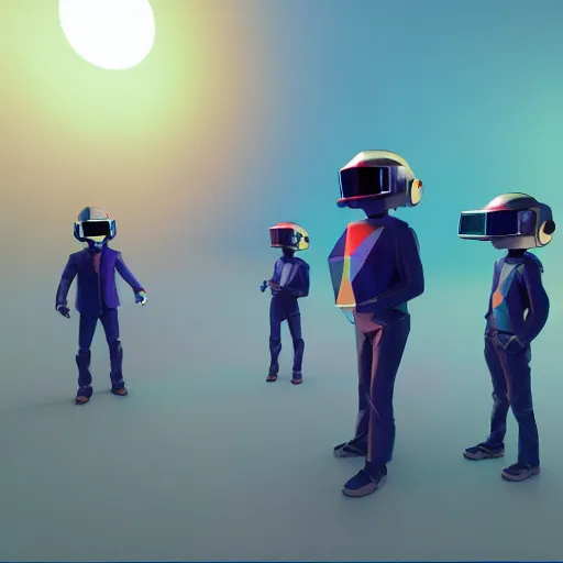 Image similar to 3D low-poly render of miniature daft punk kids standing back to back, twilight zone background, illustration, artgerm, octane render, inspired by Greg rutkowski, colorful, studio lighting, full body,