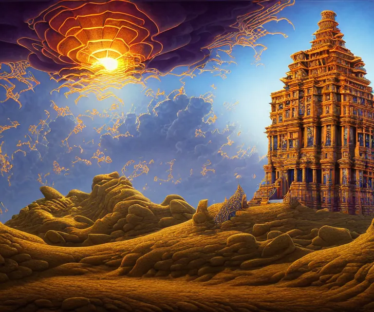 Image similar to hyper detailed 3d render like a Oil painting - ornate temple of the sun, dramatic sky in background, radiant, by Jacek Yerka, Mariusz Lewandowski, Houdini algorithmic generative render, Abstract brush strokes, Masterpiece, Edward Hopper and James Gilleard, Zdzislaw Beksinski, Mark Ryden, Wolfgang Lettl, hints of Yayoi Kasuma, octane render, 8k