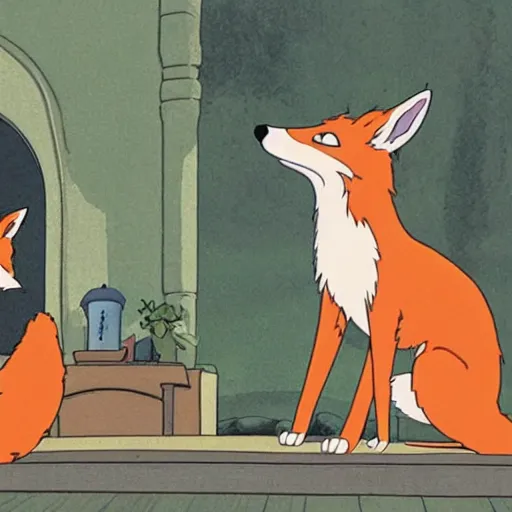 Prompt: the scene where a fox reads tarot cards in studio ghibli's spirited away