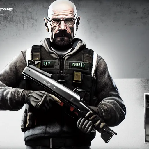 Image similar to walter white holding a machine gun in rainbow six siege, 4 k, highly detailed