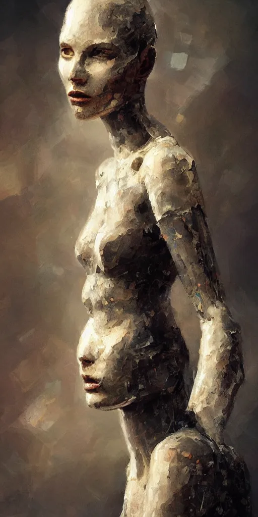 Prompt: portrait of robot galina agafonova with spitz, realistic face sculpted features, statuesque, glowing skin, chiaroscuro, angular impressionism, arabesque backdrop, natural colors, greg rutkowski