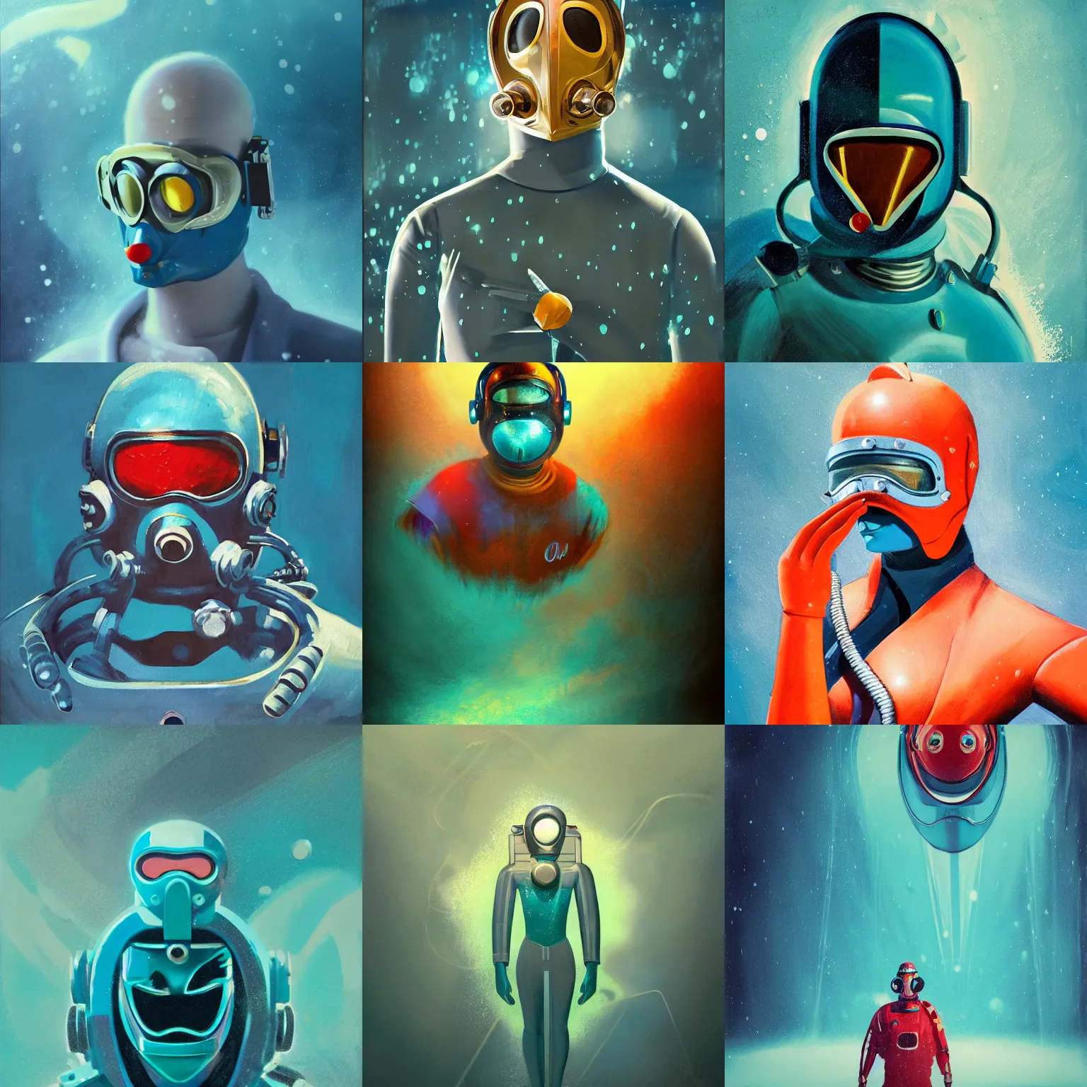 Prompt: , 1 9 5 0's, art deco style, sci - fi pilot, the movie'underwater ', full mask, oil paint concept art, alchemic, snow, teal palette, vibrant volumetric cinematic lighting