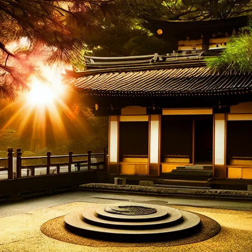Prompt: photo of sunraise at a Japanese temple, beautiful, golden ratio, instagram, high detail, mist, light rays