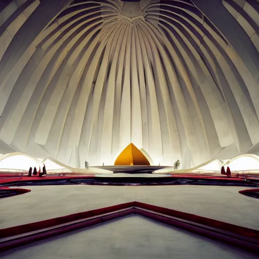 Image similar to interior of a futuristic lotus temple with gold, red and white marble panels, in the desert, by buckminster fuller and syd mead, intricate contemporary architecture, photo journalism, photography, cinematic, national geographic photoshoot