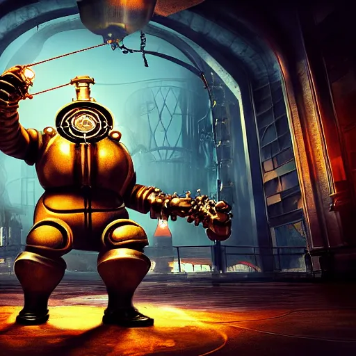 Image similar to big daddy from bioshock, a god, god, ecstatic, infinite power, manic, perfect eyes, full body shot, magical being, magic, portrait, noble, transformation, vivid colors, elegant, concept art, sharp focus, digital art, Hyper-realistic, 4K, Unreal Engine, Highly Detailed, HD, Dramatic Lighting by Brom, trending on Artstation