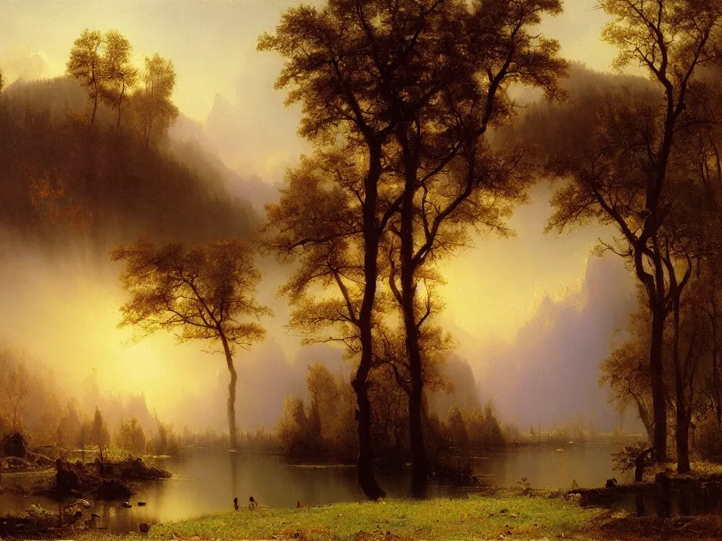 Prompt: a beautiful landscape painting by alfred bierstadt, trending on arstation