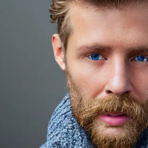 Prompt: close up of face of 4 0 year old anglo slavic - hebrew blond man with blond stubble, very short wavy blond hair in a short pompadour style, very dark blue eyes, portrait, 4 k