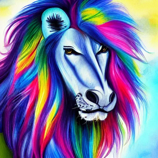 Image similar to profile view of cute fluffy horse with long colorful flowing lion mane blowing in the wind with mohawk top hairstyle hybrid animal detailed painting 4 k