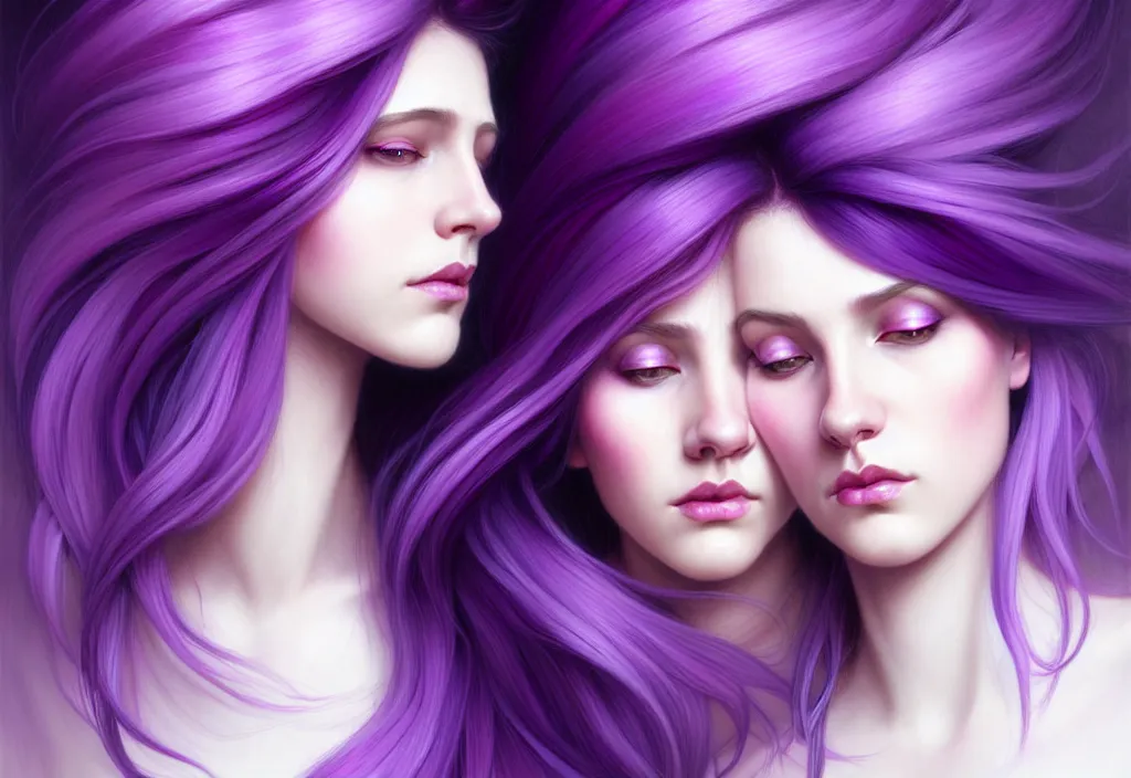 Image similar to Purple hair relistic Portrait of a two woman with bright colored flying hair, all shades of purple. Beauty face, Hair coloring, fantasy, intricate, elegant, highly detailed, digital painting, artstation, concept art, smooth, sharp focus, illustration, art by artgerm and greg rutkowski and alphonse mucha