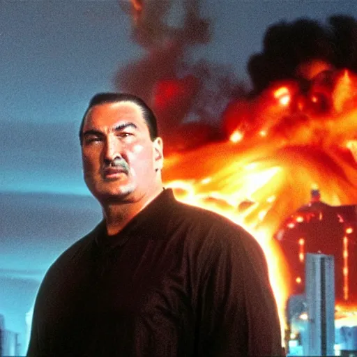 Prompt: scene of a movie with steven seagal with an explosion in the background