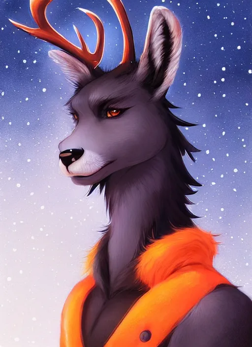 Image similar to award winning beautiful portrait commission of a male furry anthro Black Reindeer fursona with a tail, wings and a cute beautiful attractive detailed furry face wearing stylish black and orange galaxy clothes in a outerspace city at night while it rains. Character design by charlie bowater, ross tran, artgerm, and makoto shinkai, detailed, inked, western comic book art