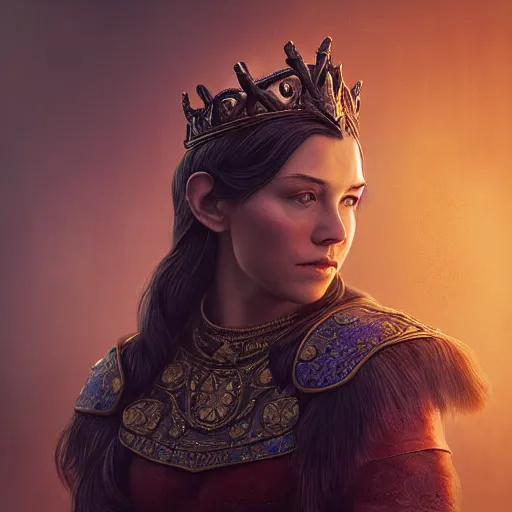 Image similar to the elder scrolls vi, charismatic regal brunette female jarl, portrait, throne room, atmospheric lighting, painted, intricate, volumetric lighting, beautiful, daytime, sunny weather, slight overcast, sharp focus, deep colours, ultra detailed, by leesha hannigan, ross tran, thierry doizon, kai carpenter, ignacio fernandez rios