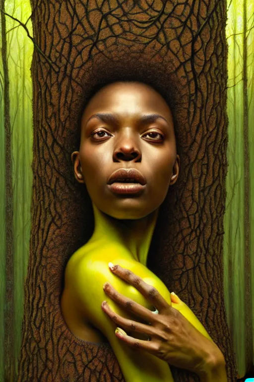 Prompt: hyperrealistic neo-renaissance super expressive! black woman with detailed exoskeleton armor, merging with tree in a forest, digital painting masterpiece brad kunkle hannah yata dramatic pearlescent yellow light low angle hd 8k sharp focus