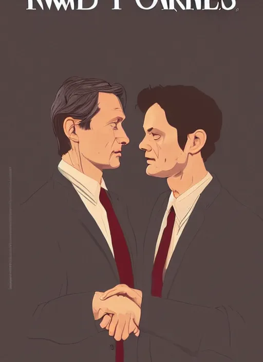 Prompt: Twin Peaks portrait of Mads Mikkelsen and Hugh Dancy holding hands romantically as they chaperone school dance by Michael Whelan, Bob Larkin and Tomer Hanuka, simple illustration, domestic, nostalgic, clean, Matte painting, trending on artstation and unreal engine, New Yorker magazine cover, 1980s romance book cover