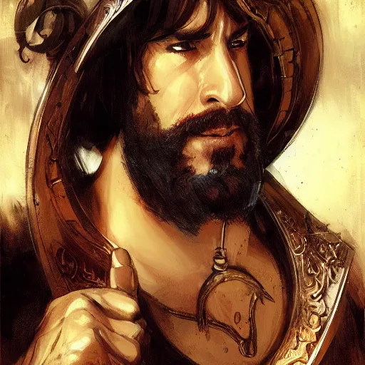 Image similar to well - groomed burly bard, thick goatee, bald, thoughtful expression, holding a gong, fantasy character portrait by greg rutkowski, gaston bussiere, craig mullins