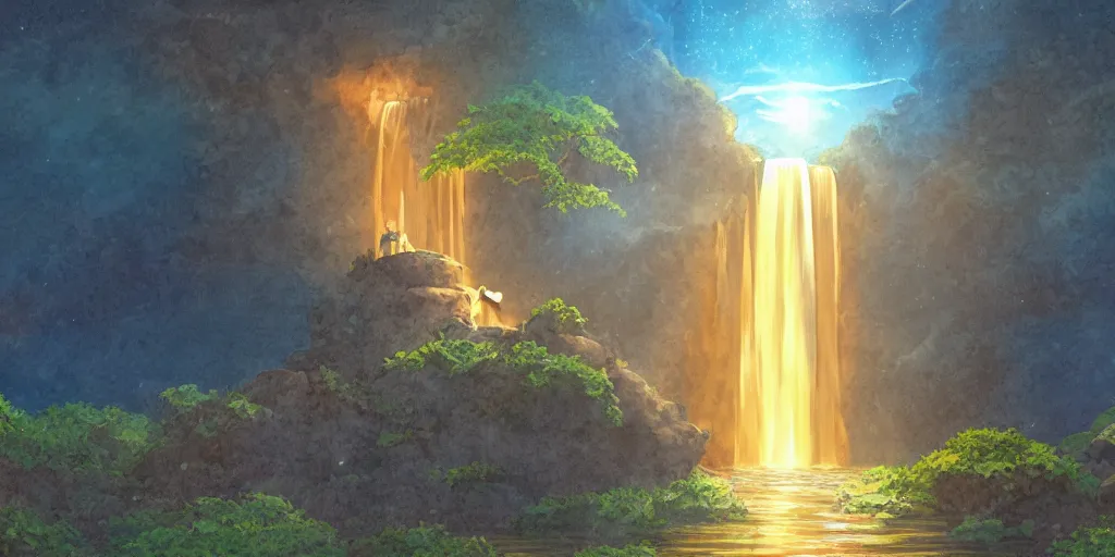 Prompt: a cell - shaded studio ghibli concept art study of a waterfall coming out of a golden cube dimensional portal flying over an arizona flooded desert on a misty starry night. a waterfall is flowing out of the portal. very dull colors, hd, 4 k, hq