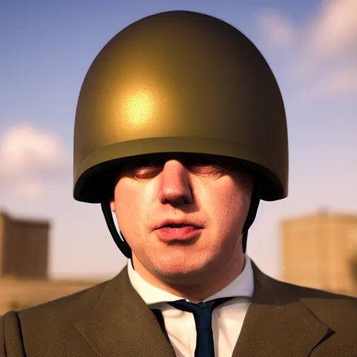 Image similar to boris johnson with military helmet on in kyiv, realistic, long shot, sunny lighting, octane render, gq magazine, hyper realistic, high quality, highly detailed, hd, beautiful, cinematic, 8 k, unreal engine, facial accuracy,