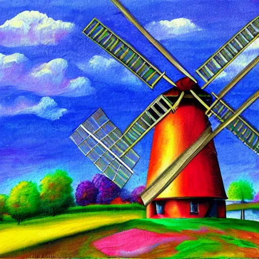 Image similar to bosch painting of a windmill using lisa frank colors