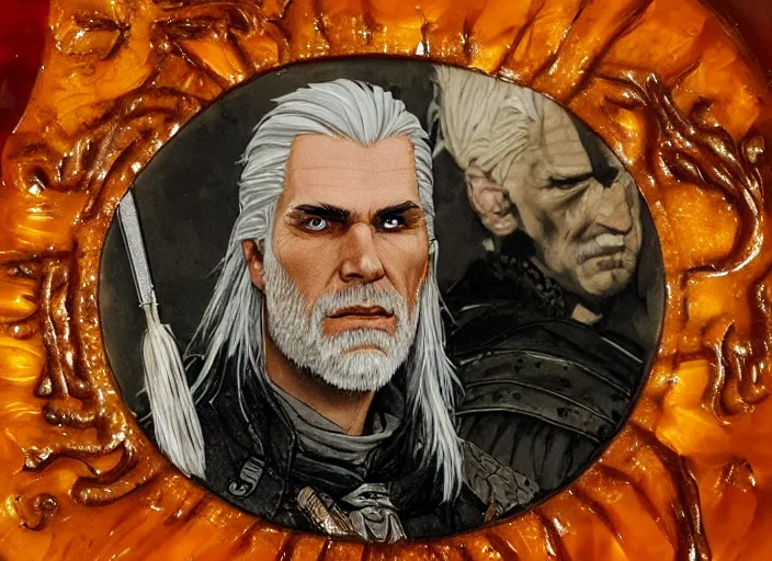 Image similar to geralt of rivia painting carved in amber by chiara bautista and norman rockwell and greg rutkowski weta studio