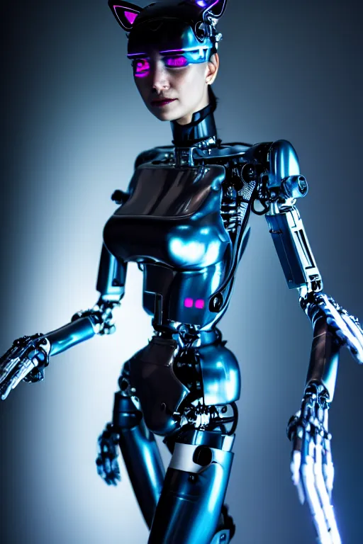 Image similar to cybernetic ultra high tech female robot with cat ears, sci - fi, blade runner, cyberpunk, high tech, futurism, exoskeleton, symmetry, cinematic, elegant, luxury, perfect light, perfect composition, dlsr photography, sharp focus, 8 k, ultra hd, sense of awe, highly detailed, realistic, intricate, science journal cover