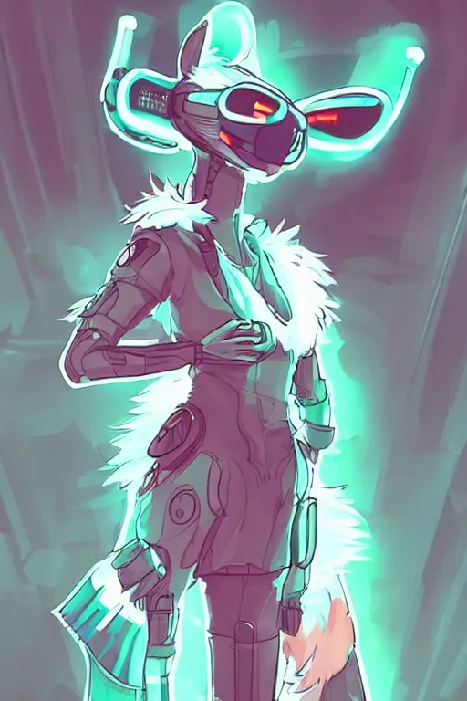 Image similar to a cyberpunk anthropomorphic fox with a fluffy tail, comic art, trending on furaffinity, cartoon, kawaii, backlighting, furry art!!!, neon, concept art